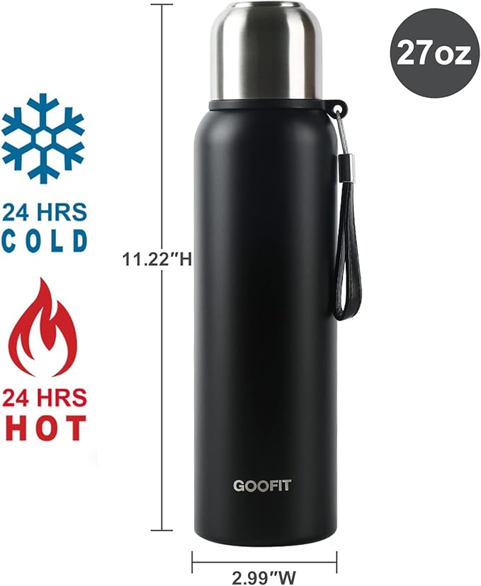 GOOFIT Outdoor Sports Bottle Stainless Steel Vacuum Sealed Insulated Thermos 27Oz Black