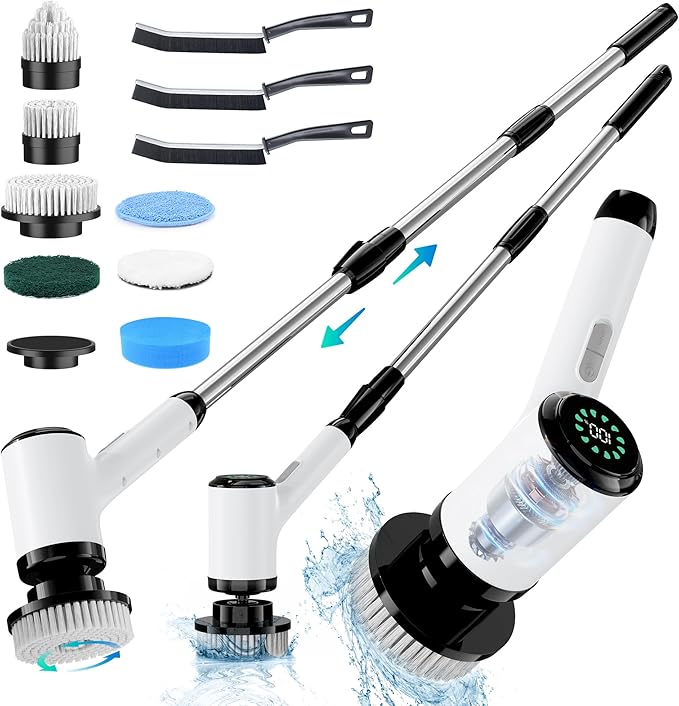 Electric Spin Scrubber: Crodless Power Spin Scrubber with Long Handle and Dual Speeds for Cleaning Bathroom Tub Tile Floor Include Cleaning Brush