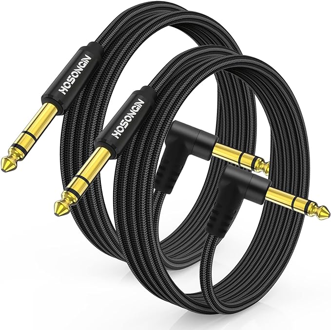 HOSONGIN 1/4 Inch TRS Instrument Cable 3.3 feet 2-Pack, Straight-to-Right Angle 6.35mm Male Stereo Audio Cord.