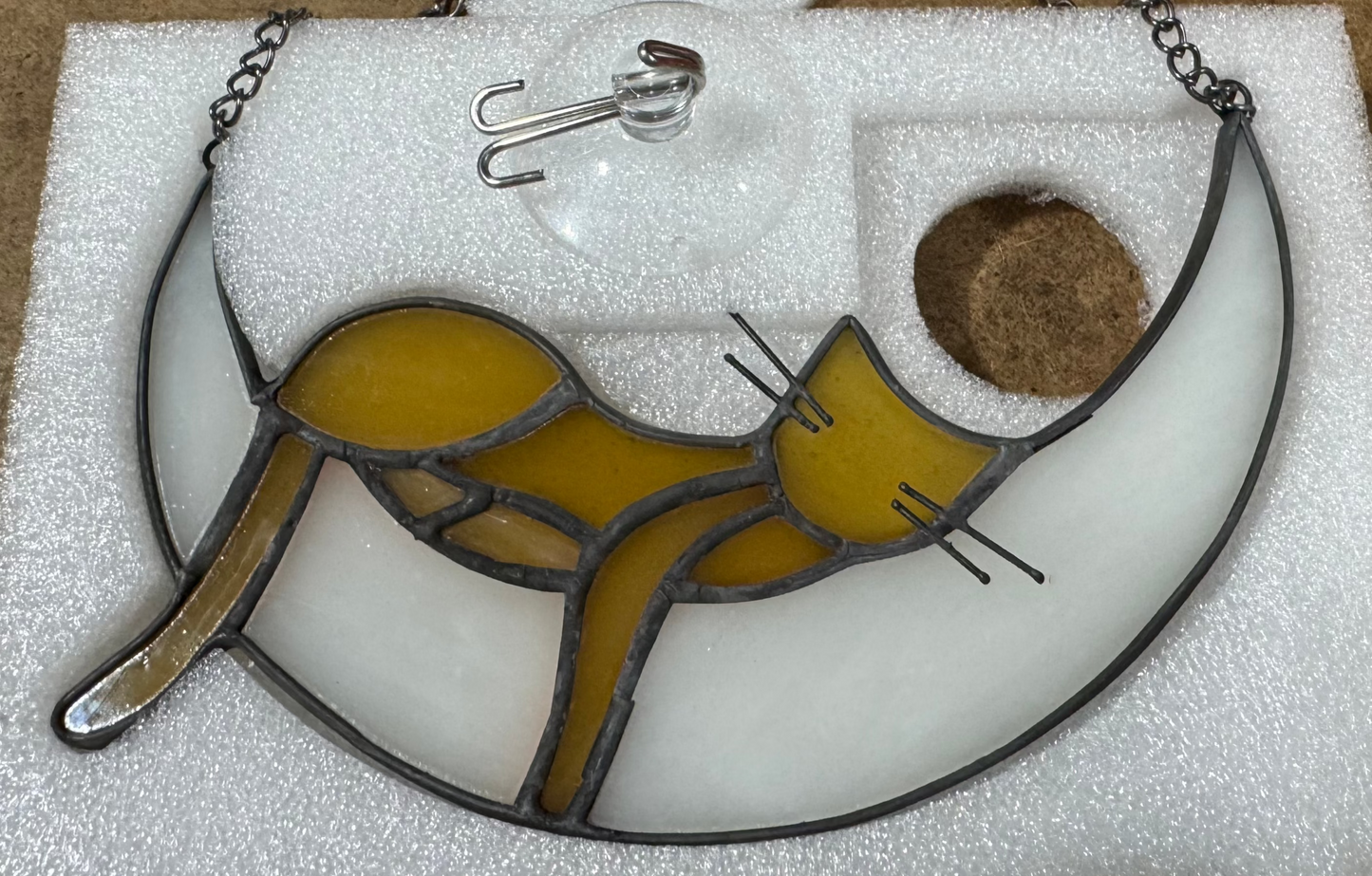 Sleeping cat on moon decoration with suction hook
