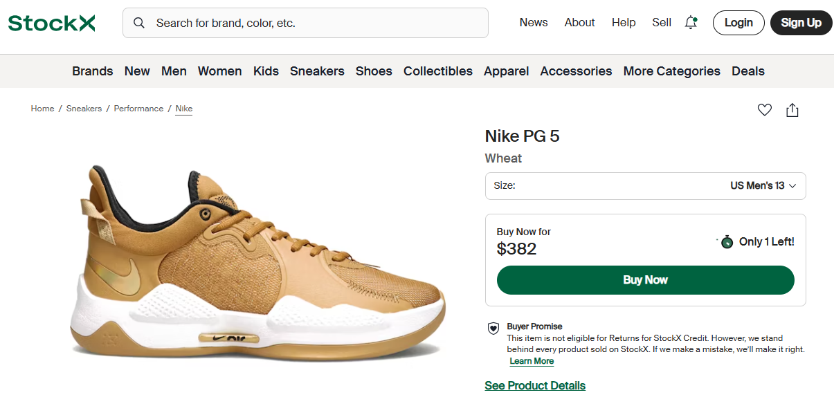 Nike PG 5 Wheat Size 13M Like New