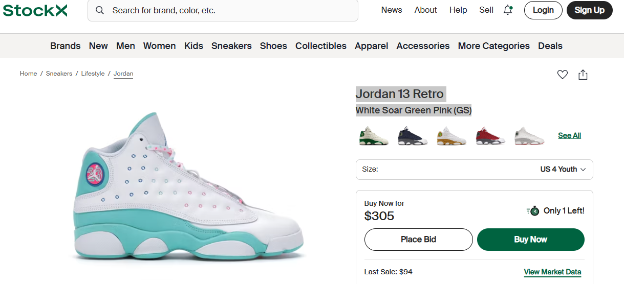 Jordan 13 Retro White Soar Green Pink Size 4Y Pre-Owned