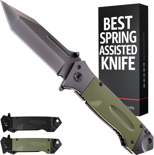 Spring Assisted Heavy Duty Pocket Knife for Men with G10 Handle & Pocket Clip - 3.5"