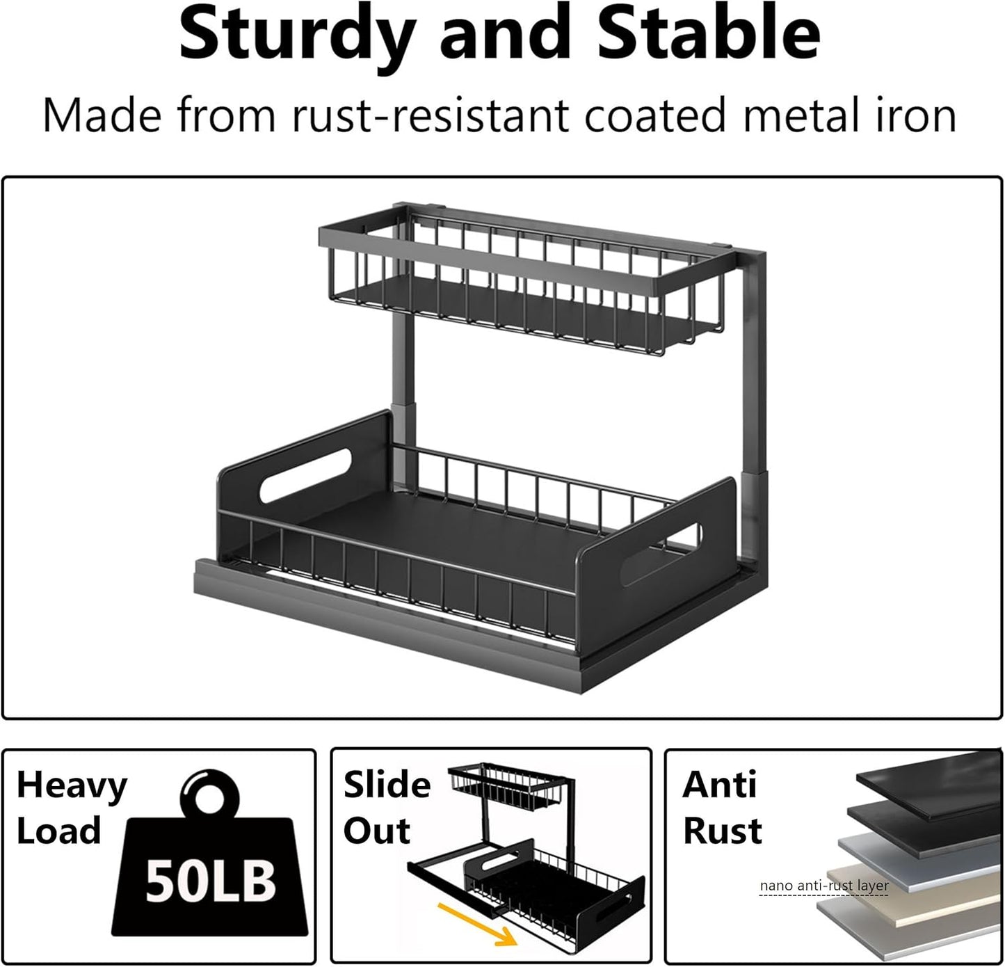 Under Sink Organizers and Storage 2 Tier Slide Out Kitchen Cabinet Organizer Sturdy Metal Bathroom Storage (Black, 1 Pack)