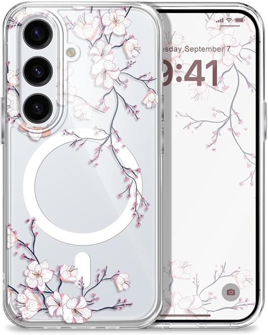 Samsung S25 Magnetic Case, Clear Anti Shock Fashion Design Plum Blossom