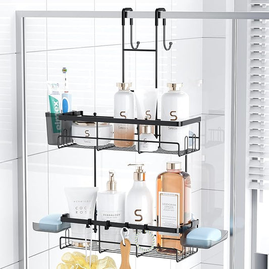 Over the Door Shower Caddy Hanging: Black Rustproof Shower Organizer over the Door - No Drilling Bathroom Rack for Inside Shower
