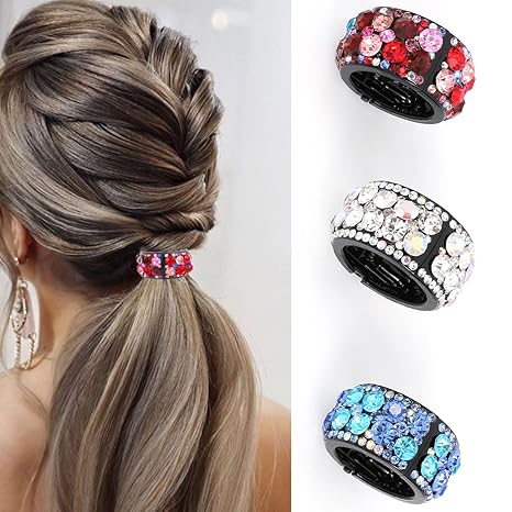 Bohend Rhinestone Hair Clip 3 Pcs Ponytail Cuff Hair Jewelry - Bohend Acrylic & Rhinestone - Multicolor - 3 Count - Women & Girls