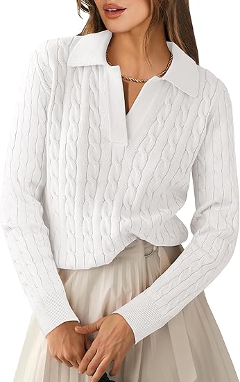 ANRABESS Womens Cable Knit Sweaters Long Sleeve V Neck Sweater Tops Casual Pullover Polo Shirts 2024 Fall Fashion Outfits
