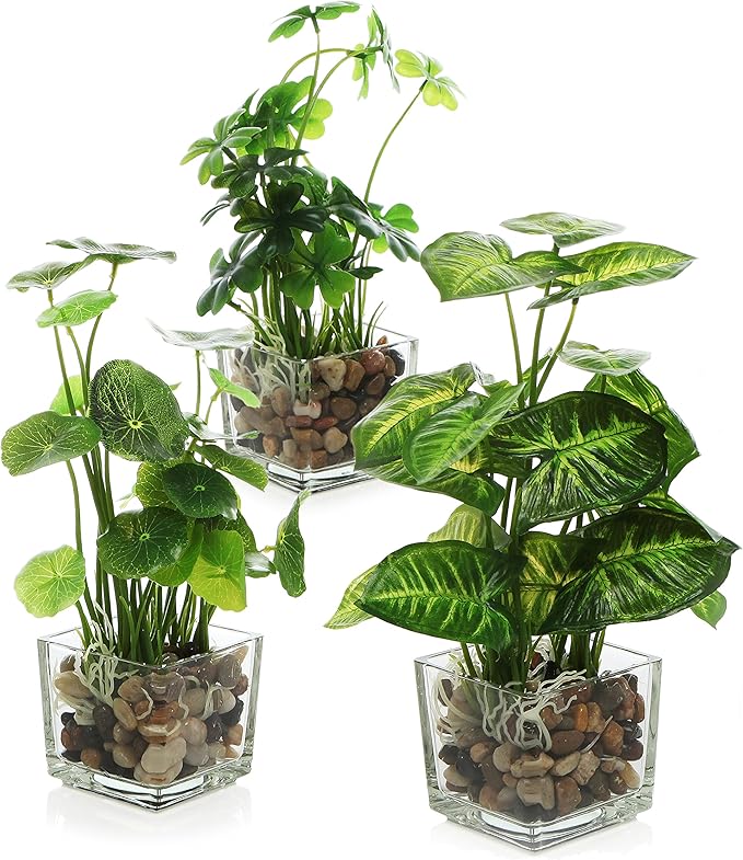 MyGift Set of 3 Small Fake Plants, Artificial Faux Potted Plants Indoor in Clear Glass Pot