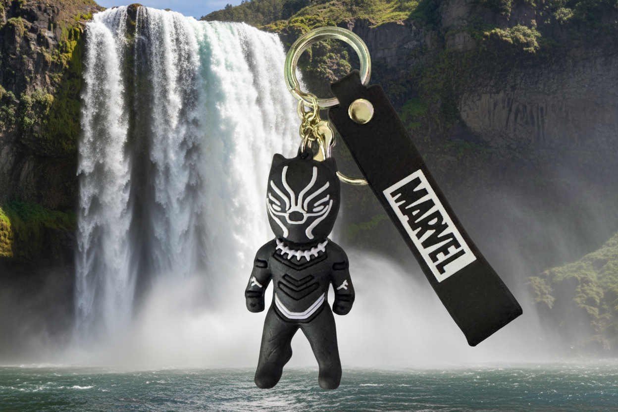 Hero Keychain (Black Panther) with bell and Marvel wrist strap