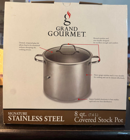 Grand Gourmet Stainless Steel Stock Pot with Glass Lid, 8 Quart
