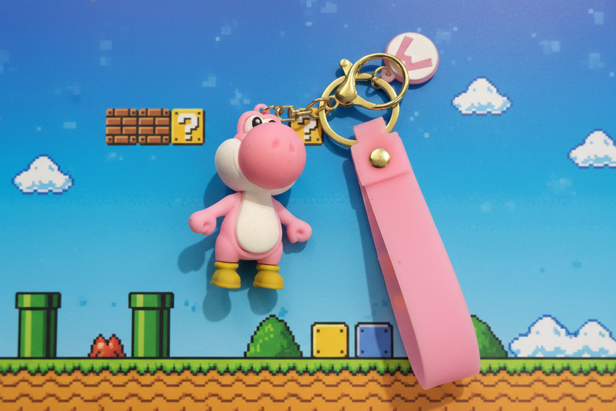 Super Mario Brothers Keychain (Yoshi Pink) with decal and wrist strap