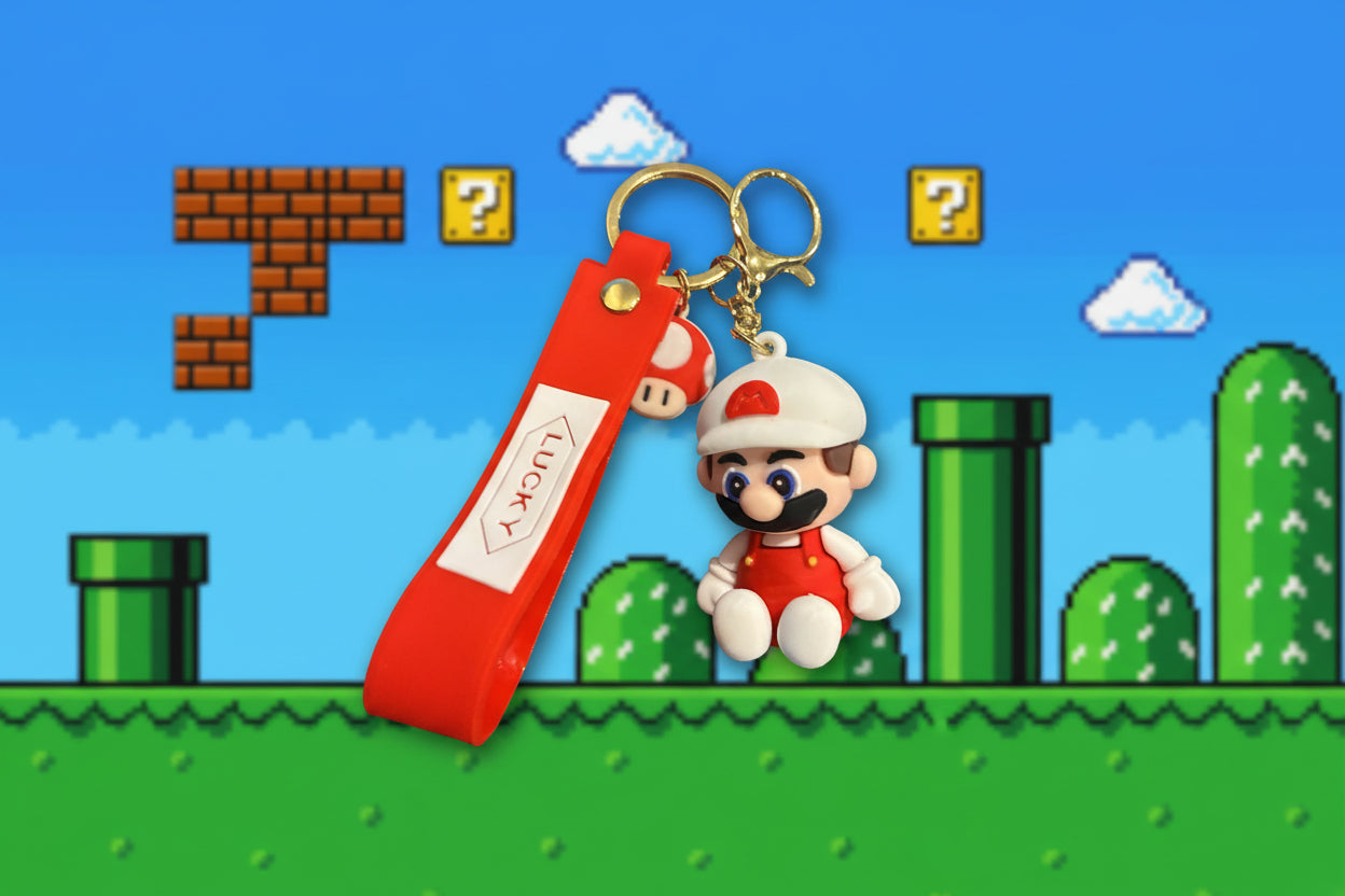 Super Mario Brothers Keychain (Lucky Mario White) with decal and wrist strap