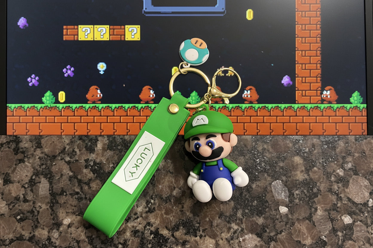 Super Mario Brothers Keychain (Lucky Luigi) with decal and wrist strap