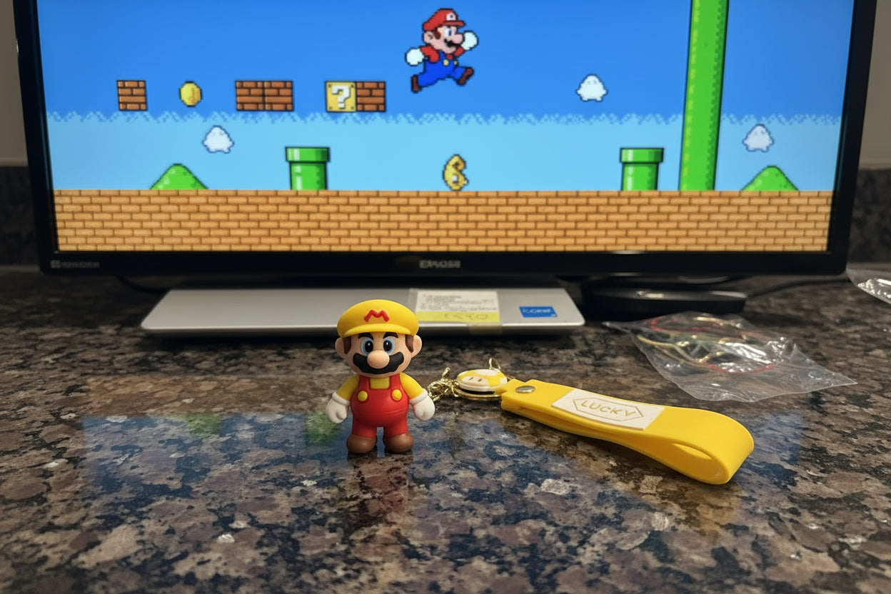 Super Mario Brothers Keychain (Lucky Mario Yellow) with decal and wrist strap