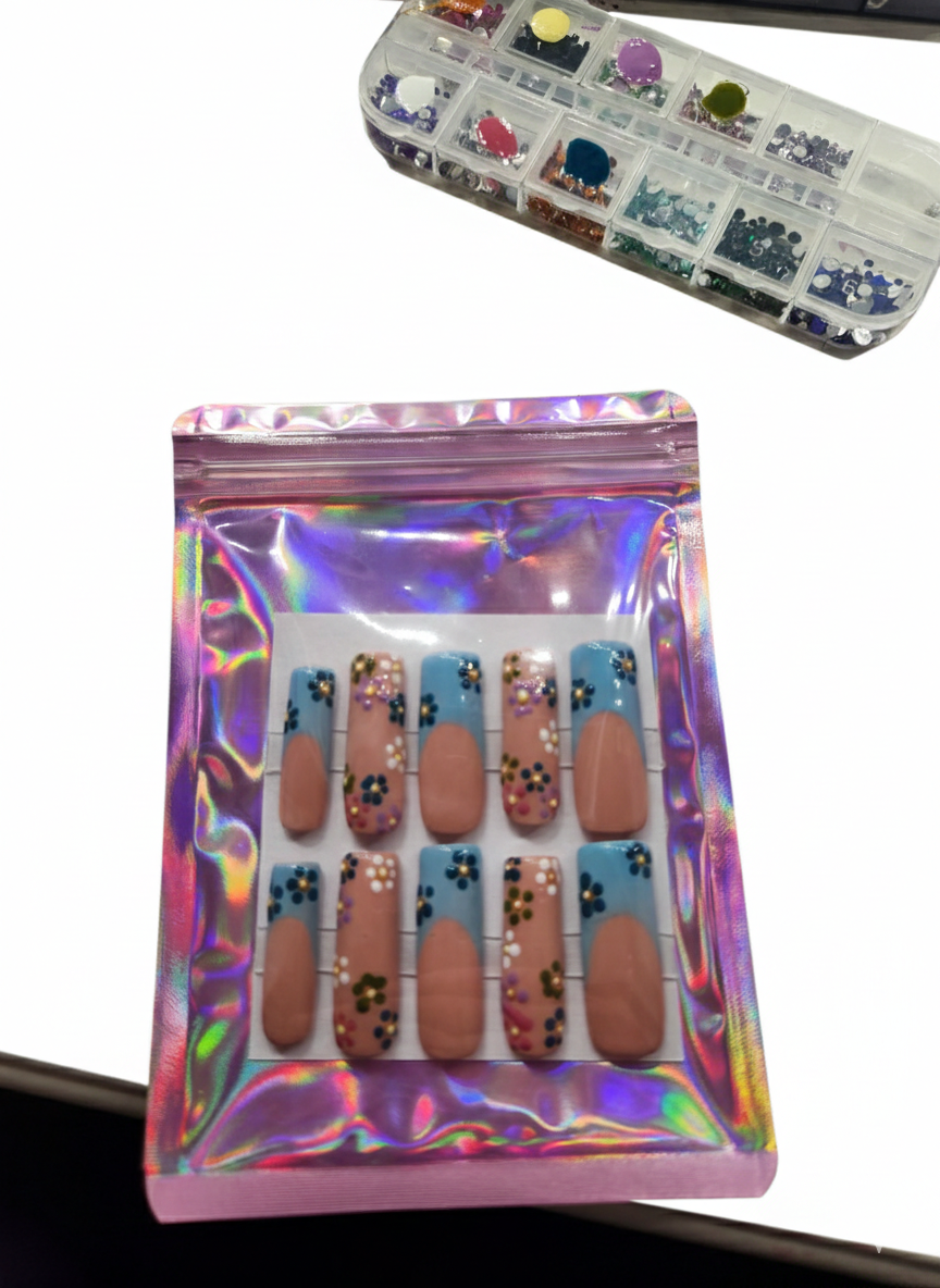 XL Hand Painted Press-On Nails Floral French Tip