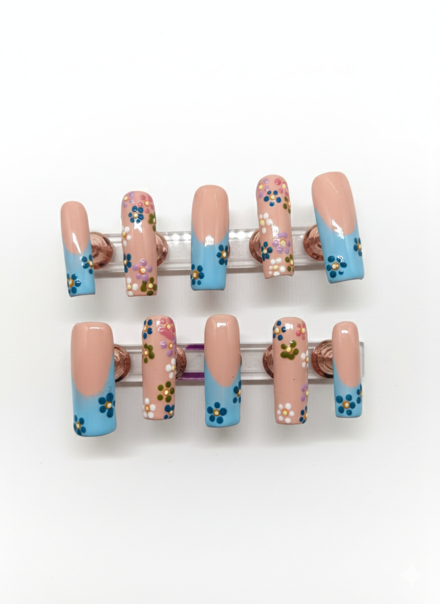 XL Hand Painted Press-On Nails Floral French Tip