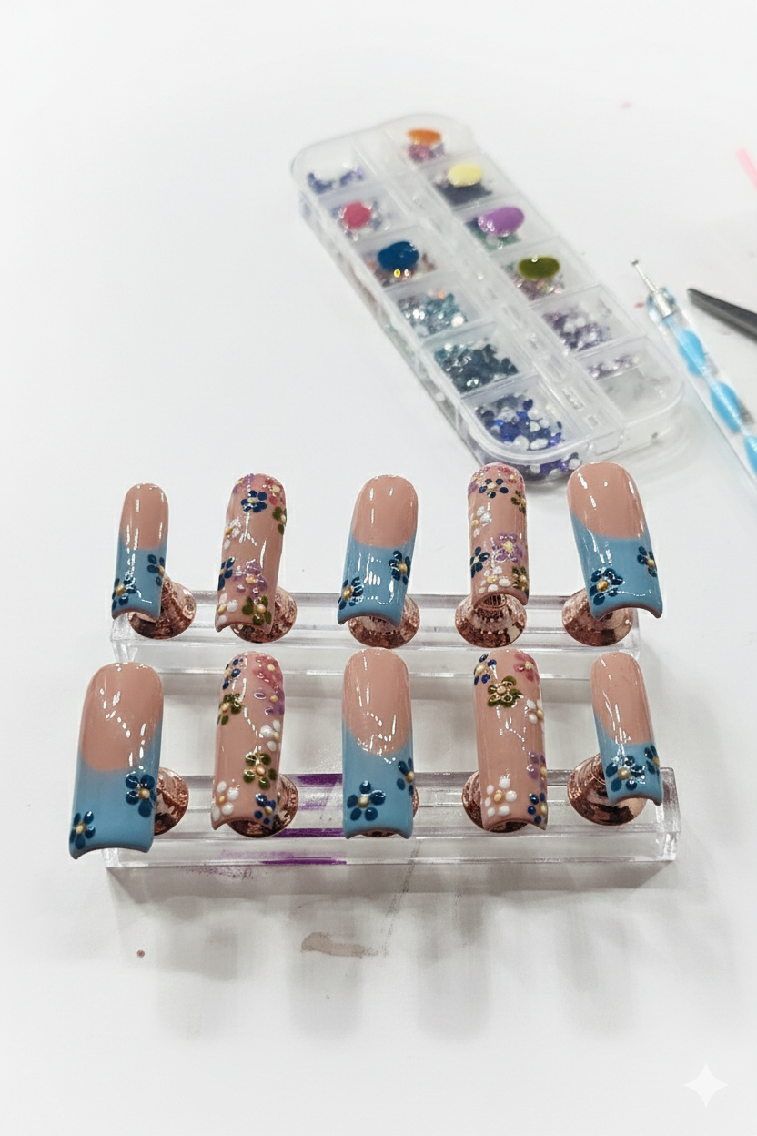 XL Hand Painted Press-On Nails Floral French Tip