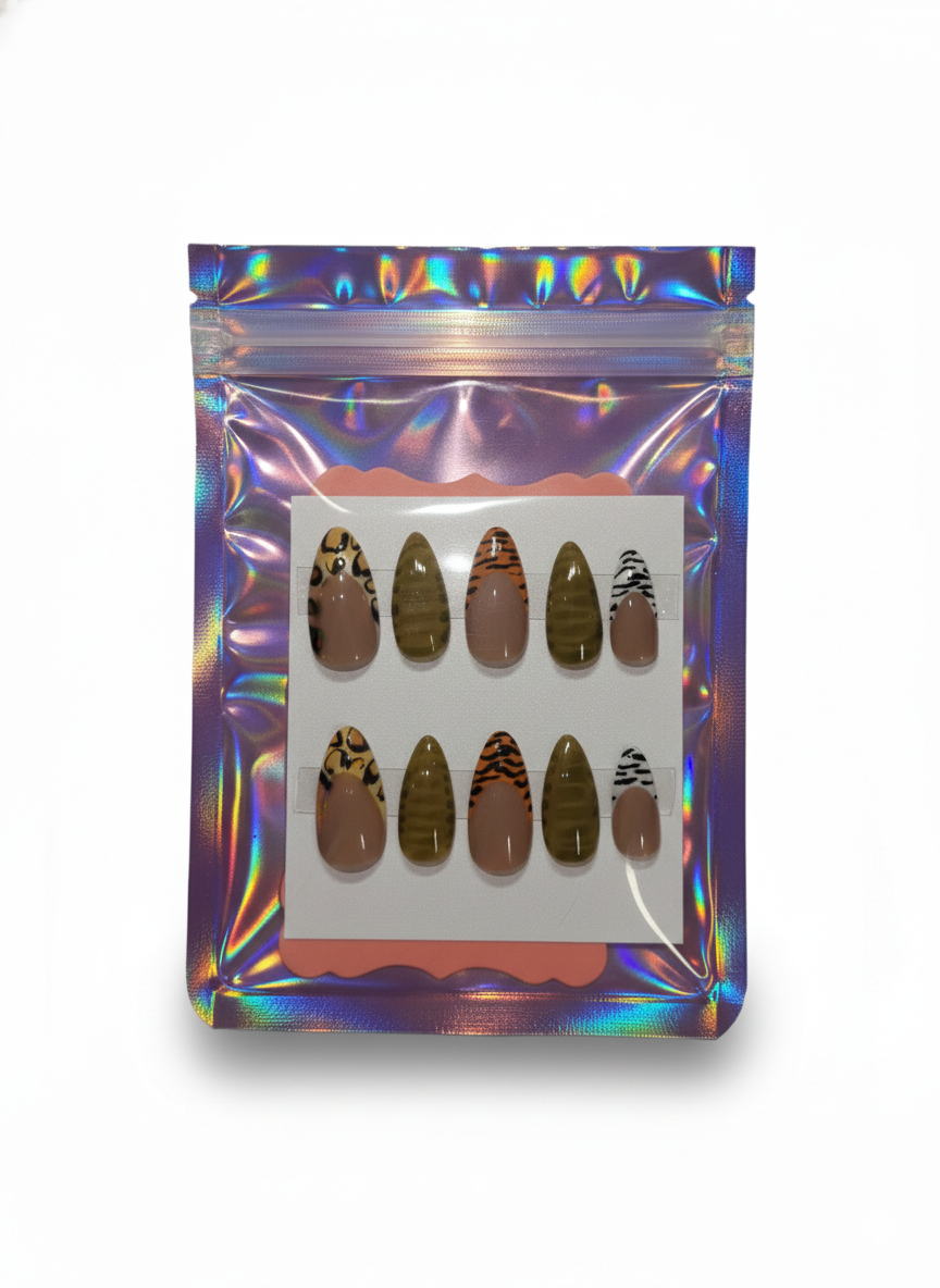Hand Painted Press-On Nails Medium Almond Animal Print