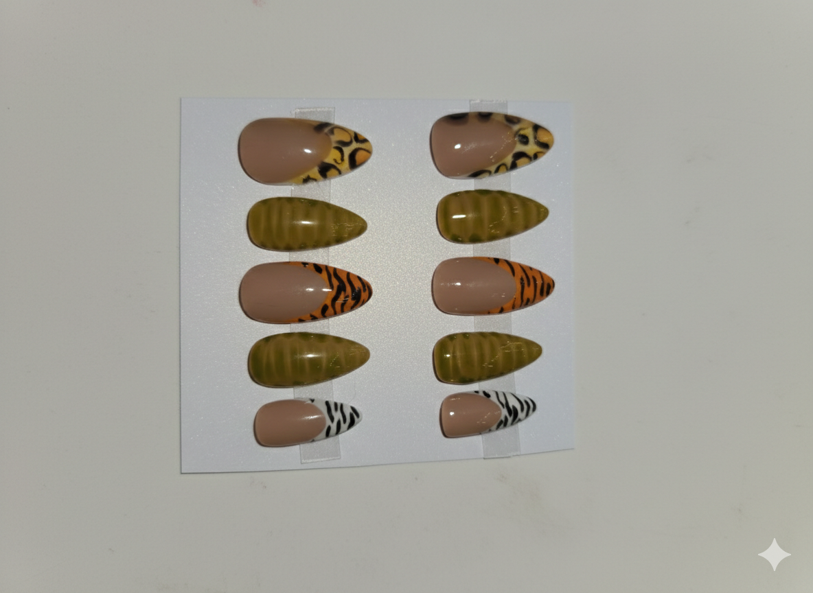 Hand Painted Press-On Nails Medium Almond Animal Print