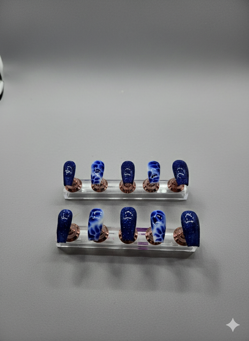 Hand Painted Press-On Nails Medium Blue Tie-Dye