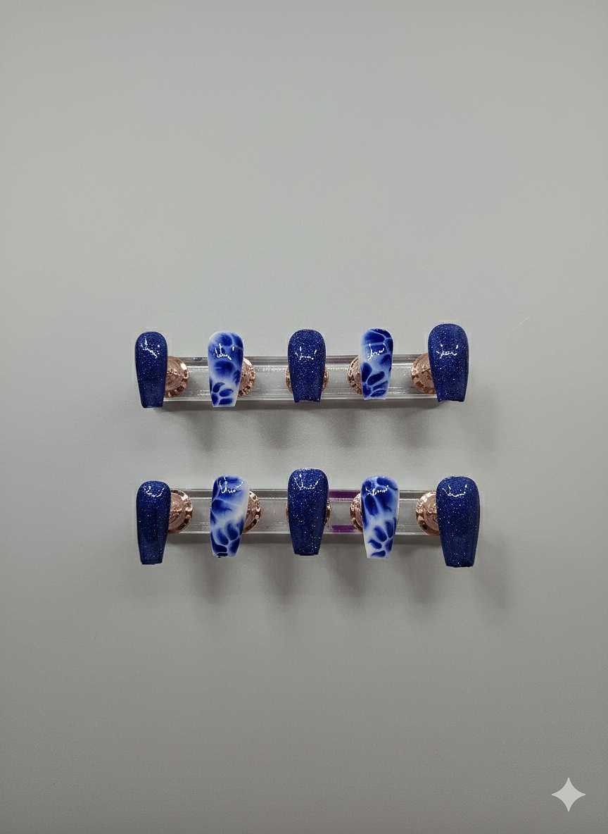 Hand Painted Press-On Nails Medium Blue Tie-Dye