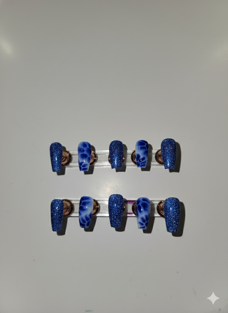 Hand Painted Press-On Nails Medium Blue Tie-Dye