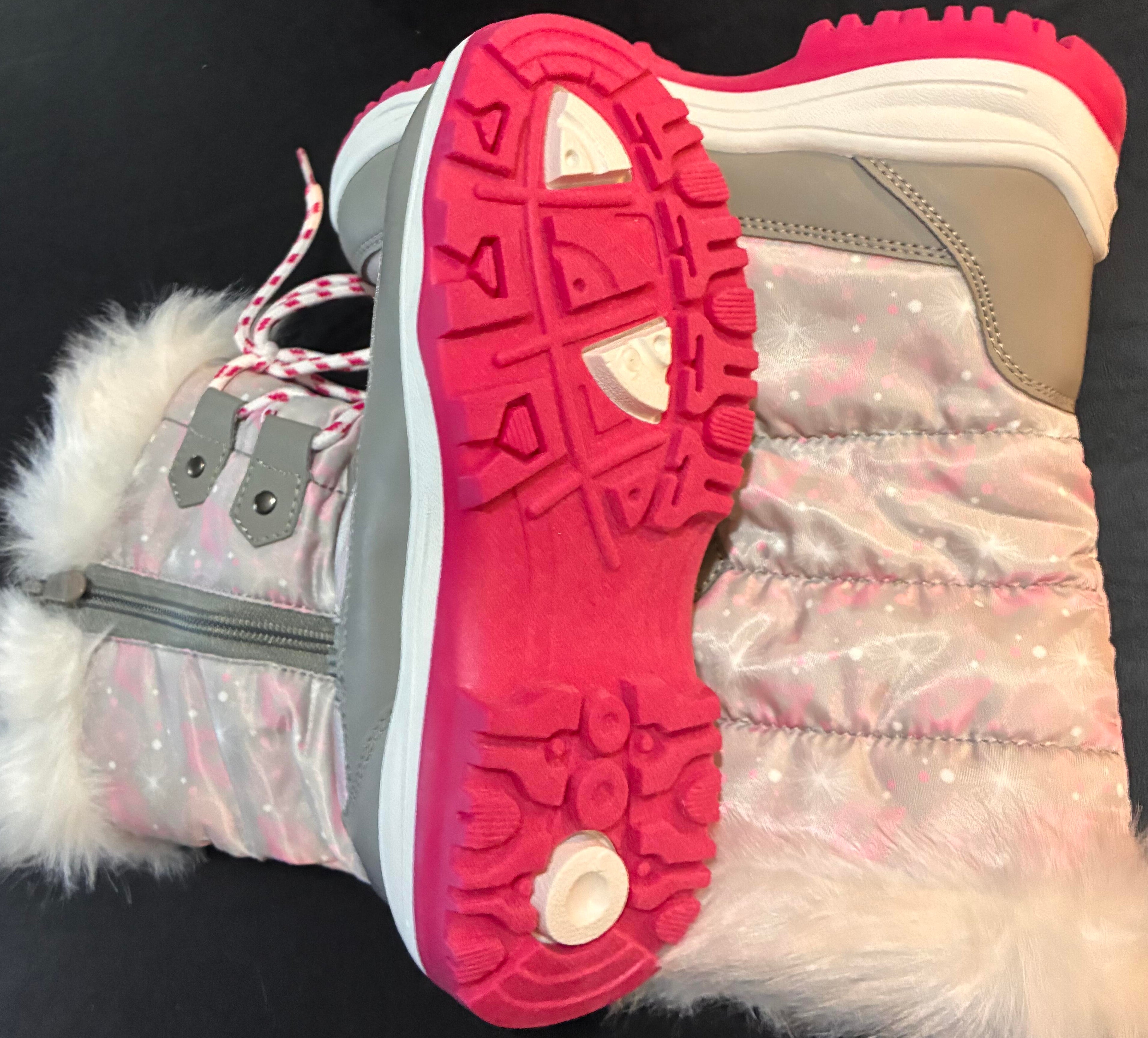 Kids Slip Resistant Faux Fur-Lined Knee High Winter Snow Boots NORDIC GREY/PINK Size 1