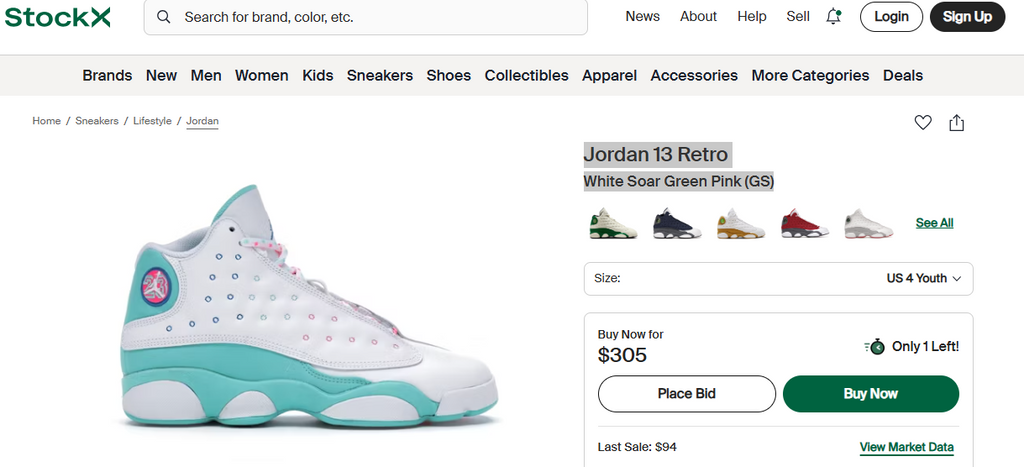 Jordan 13 Retro White Soar Green Pink Size 4.5Y Pre-Owned