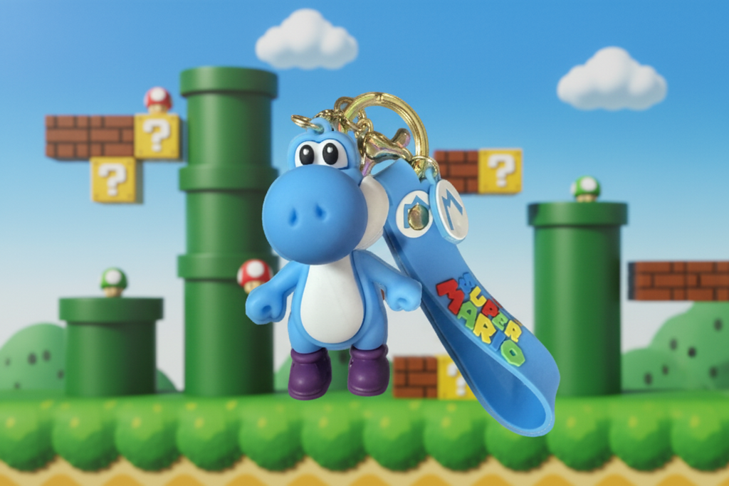 Super Mario Brothers Keychain (Yoshi Blue) with decal and wrist strap